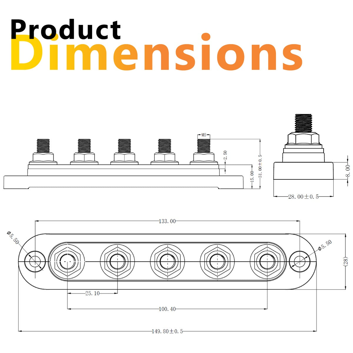 Exotronic - 150A - Black 5x M8 Stud Busbar with Cover