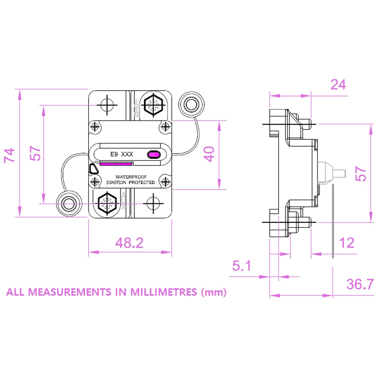 Exotronic - 40A - Surface Mount Waterproof DC Circuit Breaker