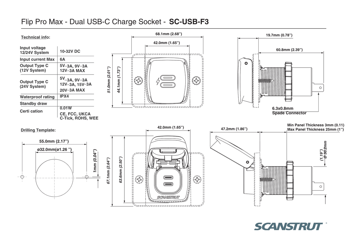 Scanstrut - 12/24V - Flip Pro Max - Dual USB-C Socket