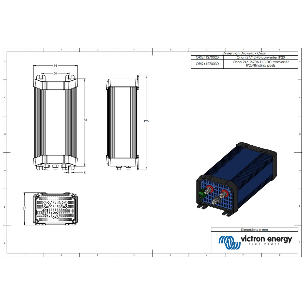 Victron Energy - 24V to 12V - 70A - Orion 24/12-70A Non-Isolated IP20 - DC-DC Converter