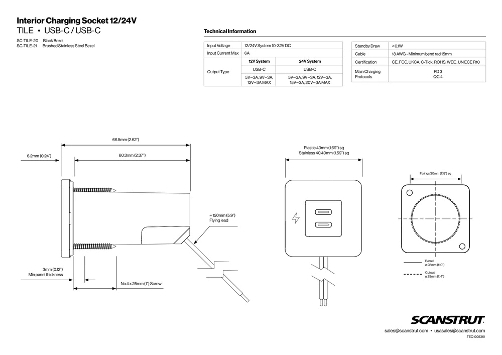 Scanstrut - 12/24V - TILE - Dual USB-C Socket - Brushed Stainless