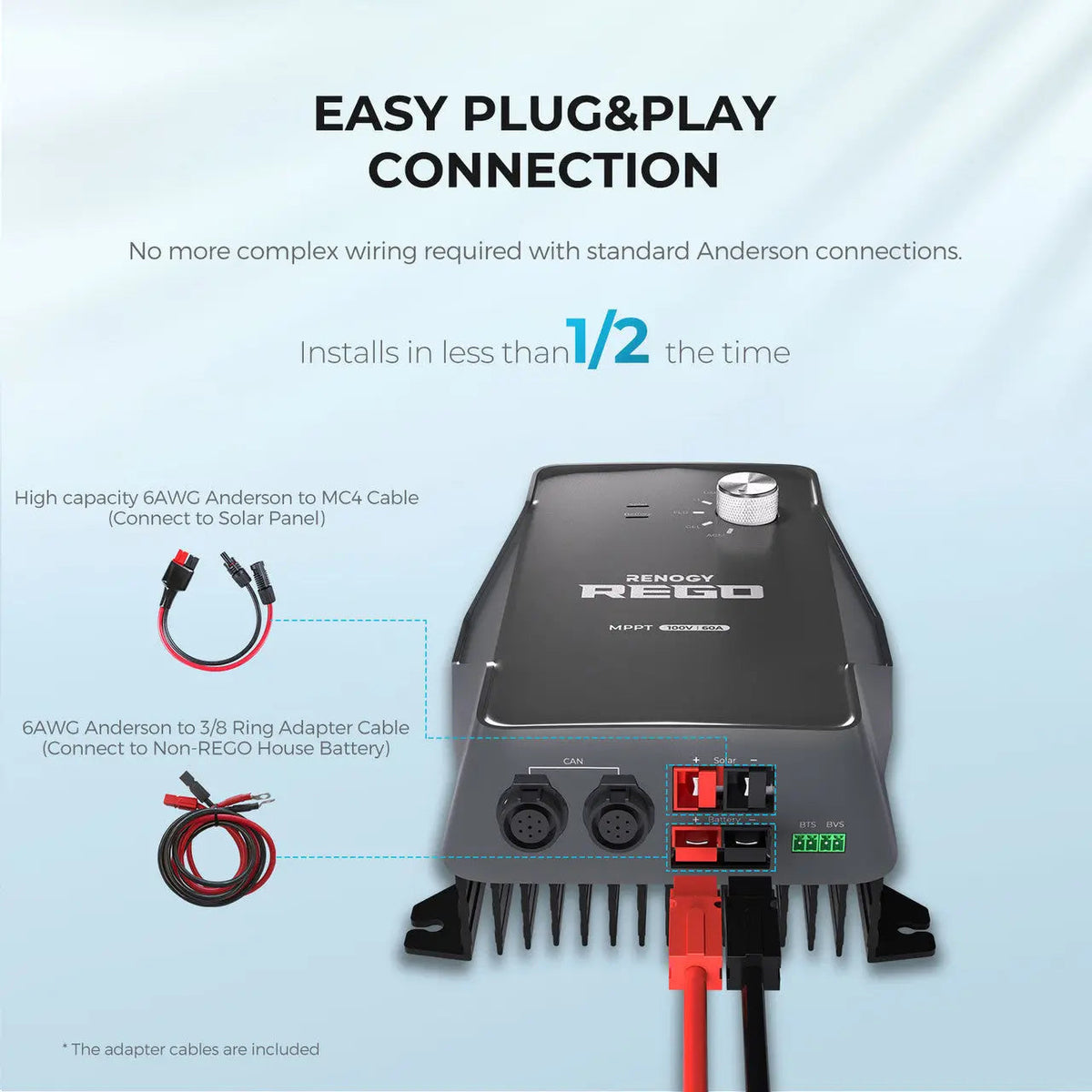Renogy - 12V - 60A - Rego MPPT Solar Charge Controller with 3m (10ft) 6AWG Anderson Adapter Cable