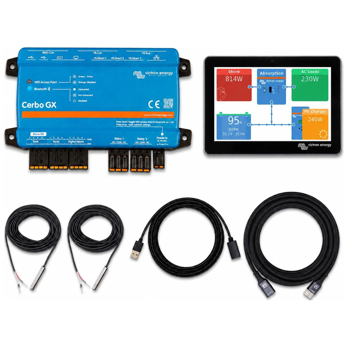 Victron Energy - Cerbo GX MK2 & GX Touch 70 System Bundle w/ 5m Extension & Temp Sensors
