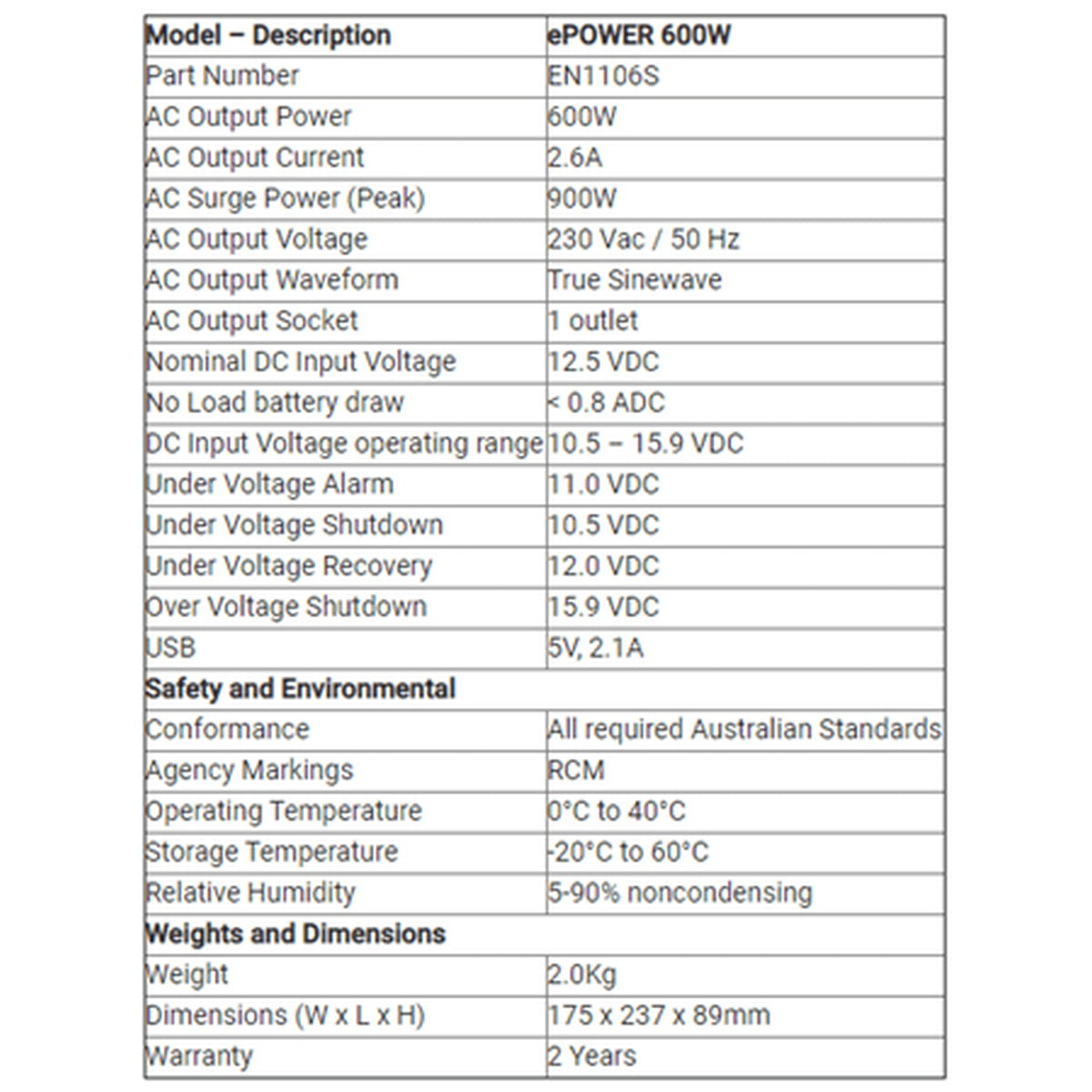 Enerdrive - ePower - 600W - ePower Pure Sine Wave Inverter