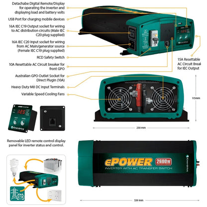 Enerdrive - ePower - 12V - 2600W - Pure Sine Wave Inverter w/ RCD & AC Transfer Switch