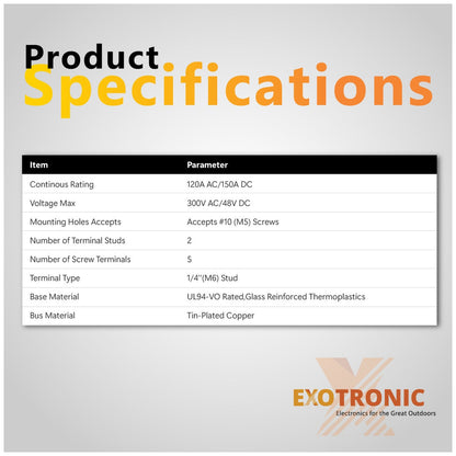 Exotronic - 150A - Red 2x M6 Stud Busbar with 5 Screws & Cover