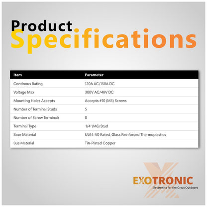 Exotronic - 150A - Red 5x M6 Stud Busbar with Cover