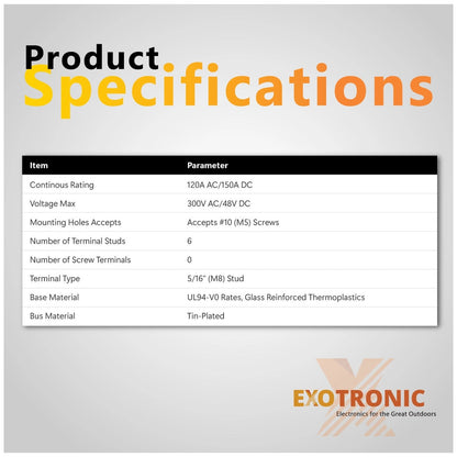 Exotronic - 150A - Black 6x M6 Stud Busbar with Cover