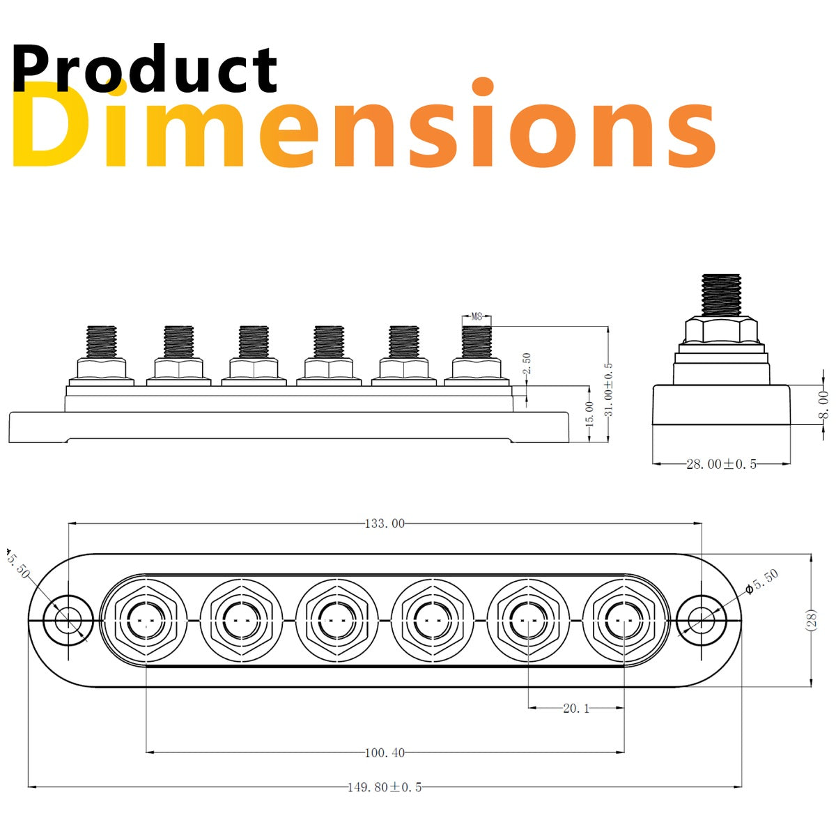 Exotronic - 150A - Black 6x M6 Stud Busbar with Cover
