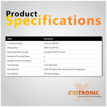 Exotronic - 150A - Red 4x M8 Stud & 6x Screw Busbar with Cover