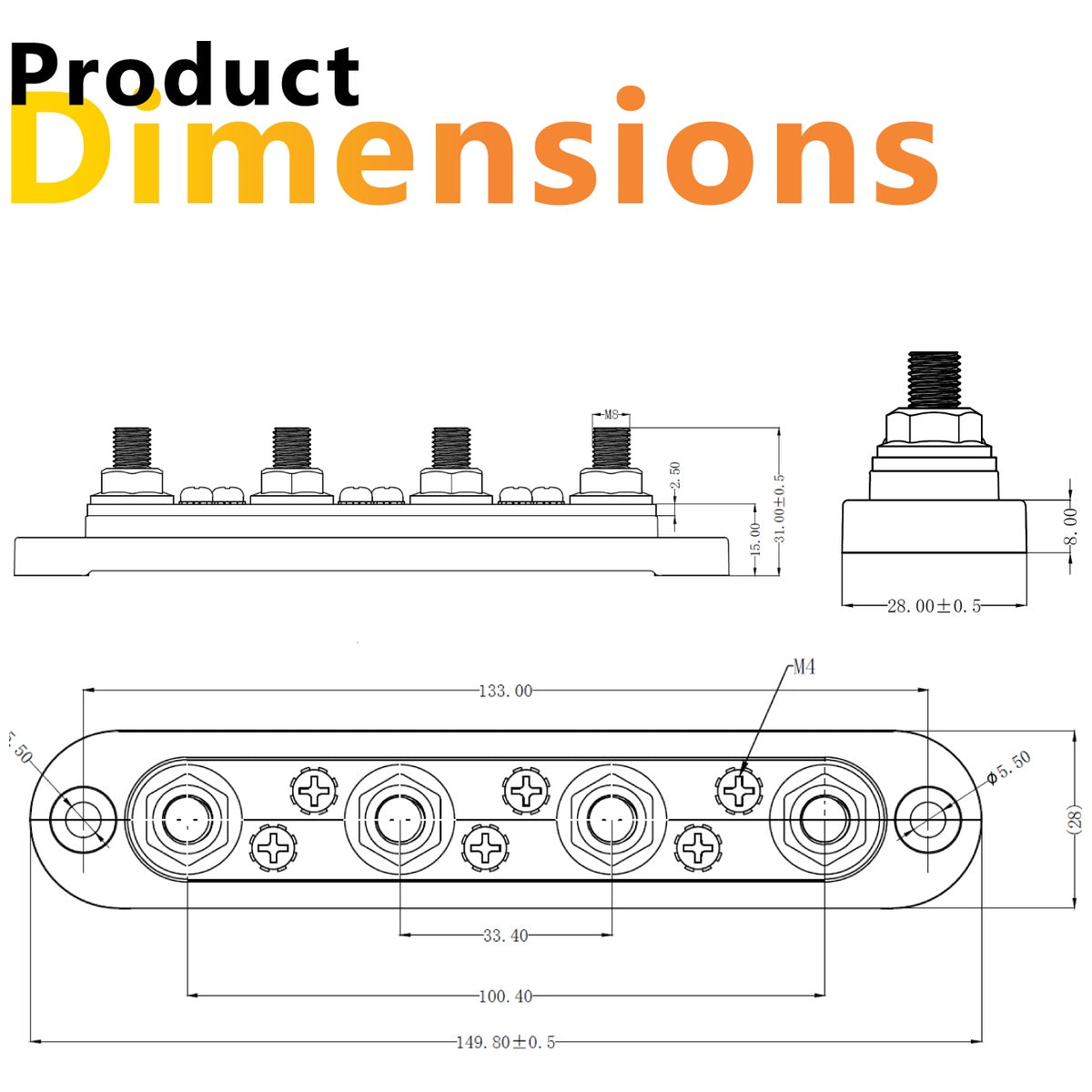 Exotronic - 150A - Red 4x M8 Stud & 6x Screw Busbar with Cover