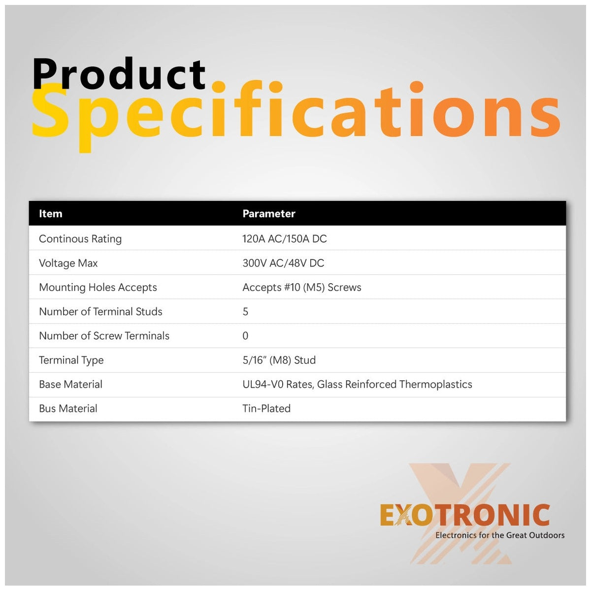 Exotronic - 150A - Black 5x M8 Stud Busbar with Cover