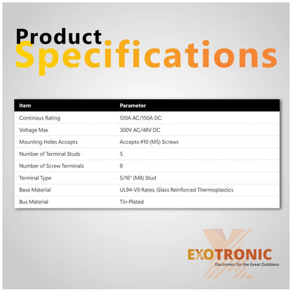 Exotronic - 150A - Black 5x M8 Stud Busbar with Cover