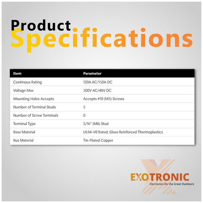 Exotronic - 150A - Red 5x M8 Stud Busbar with Cover
