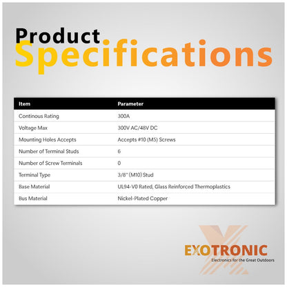 Exotronic - 300A - Black 6x M10 Stud Busbar with Cover