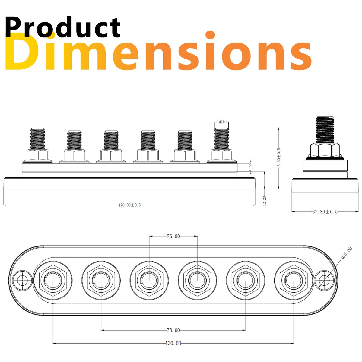 Exotronic - 300A - Black 6x M10 Stud Busbar with Cover
