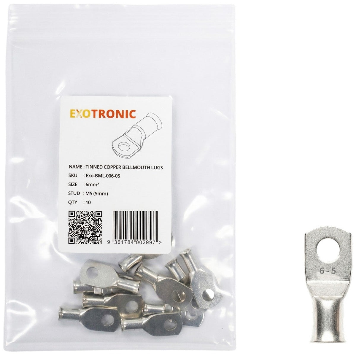 Exotronic - 10 Pack of 6mm² Copper Lug M5 | Bellmouth