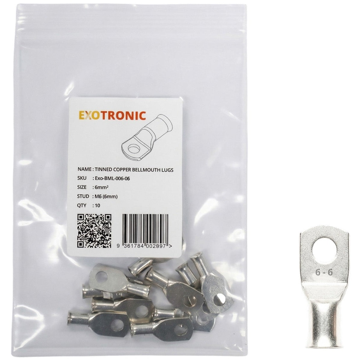 Exotronic - 10 Pack of 6mm² Copper Lug M6 | Bellmouth