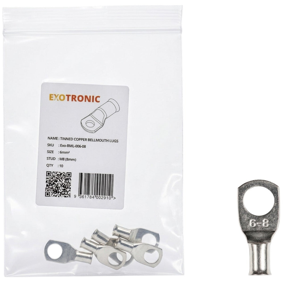 Exotronic - 10 Pack of 6mm² Copper Lug M8 | Bellmouth