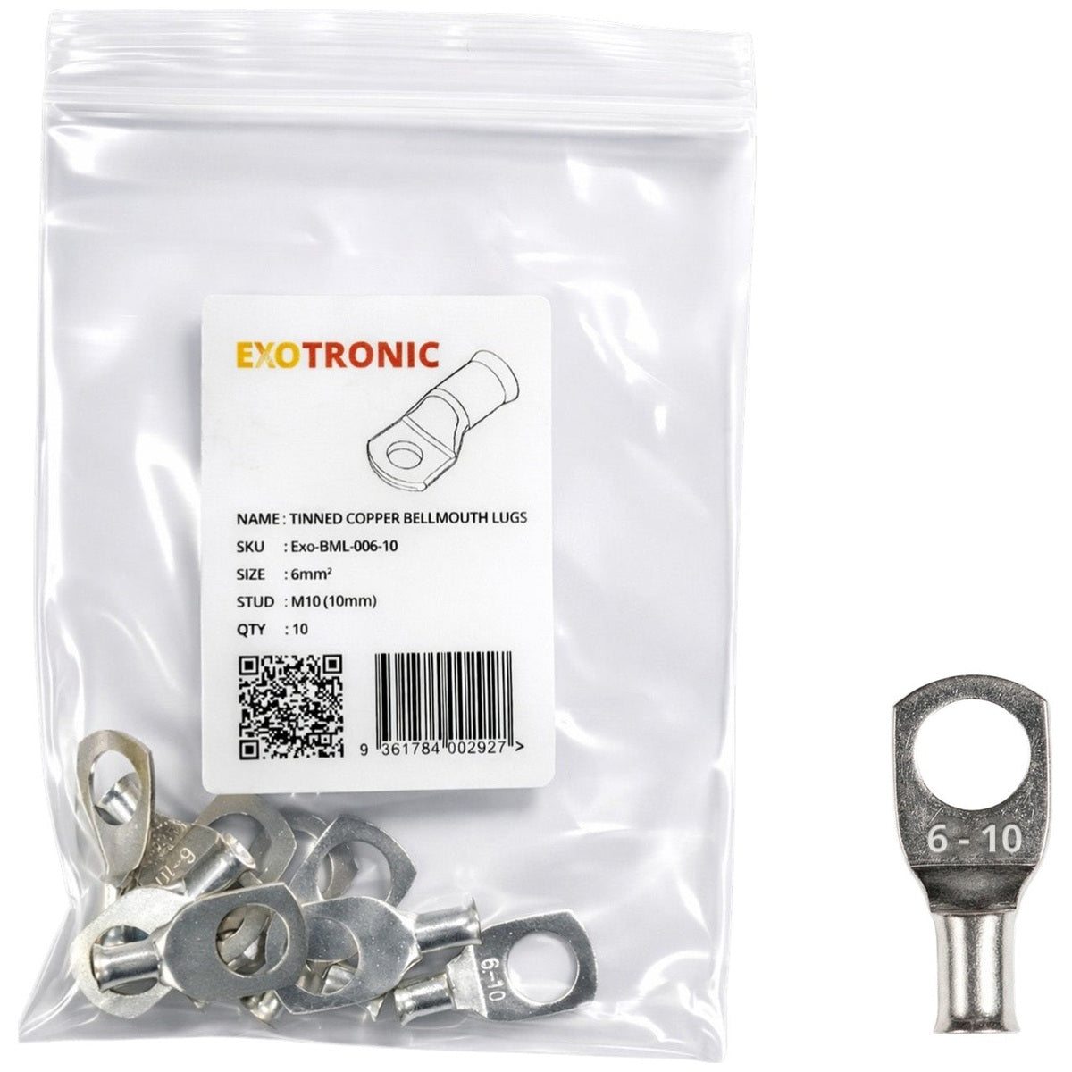 Exotronic - 10 Pack of 6mm² Copper Lug M10 | Bellmouth