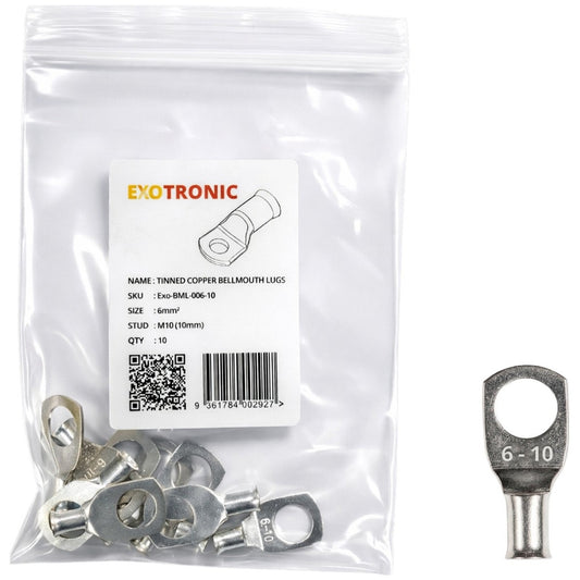 Exotronic - 10 Pack of 6mm² Copper Lug M10 | Bellmouth