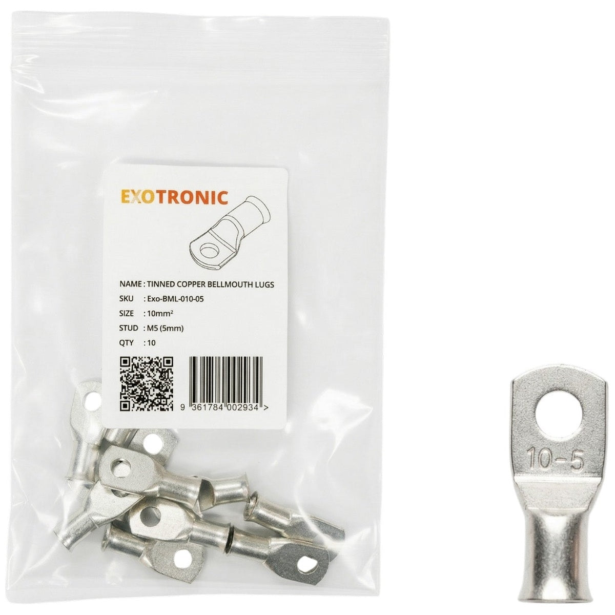 Exotronic - 10 Pack of 10mm² Copper Lug M5 | Bellmouth
