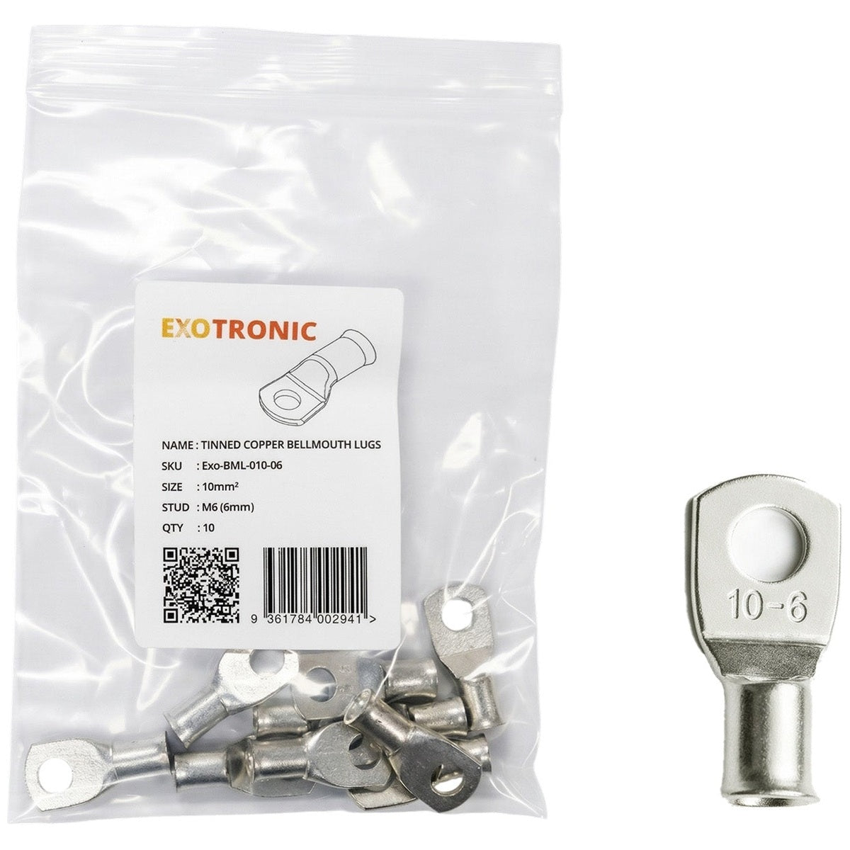 Exotronic - 10 Pack of 10mm² Copper Lug M6 | Bellmouth