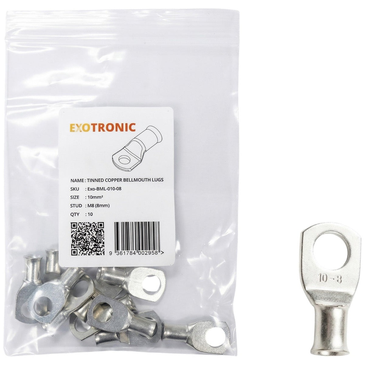 Exotronic - 10 Pack of 10mm² Copper Lug M8 | Bellmouth