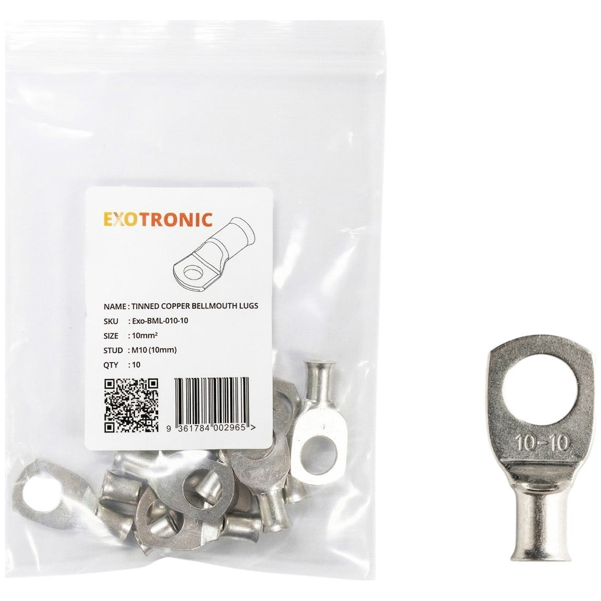 Exotronic - 10 Pack of 10mm² Copper Lug M10 | Bellmouth