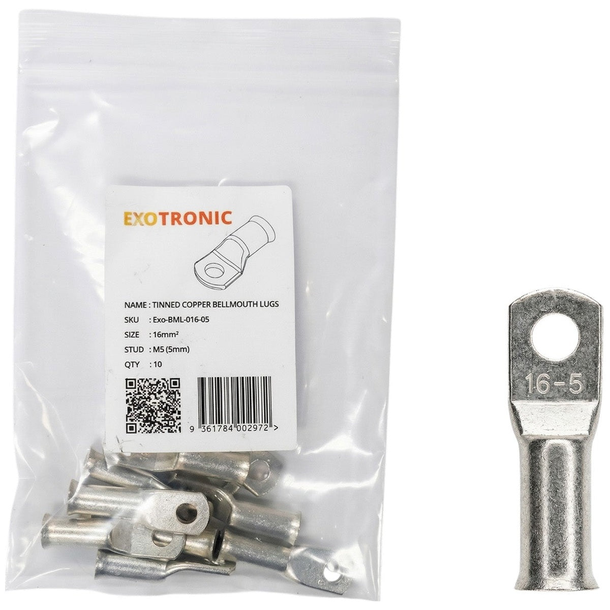 Exotronic - 10 Pack of 16mm² Copper Lug M5 | Bellmouth
