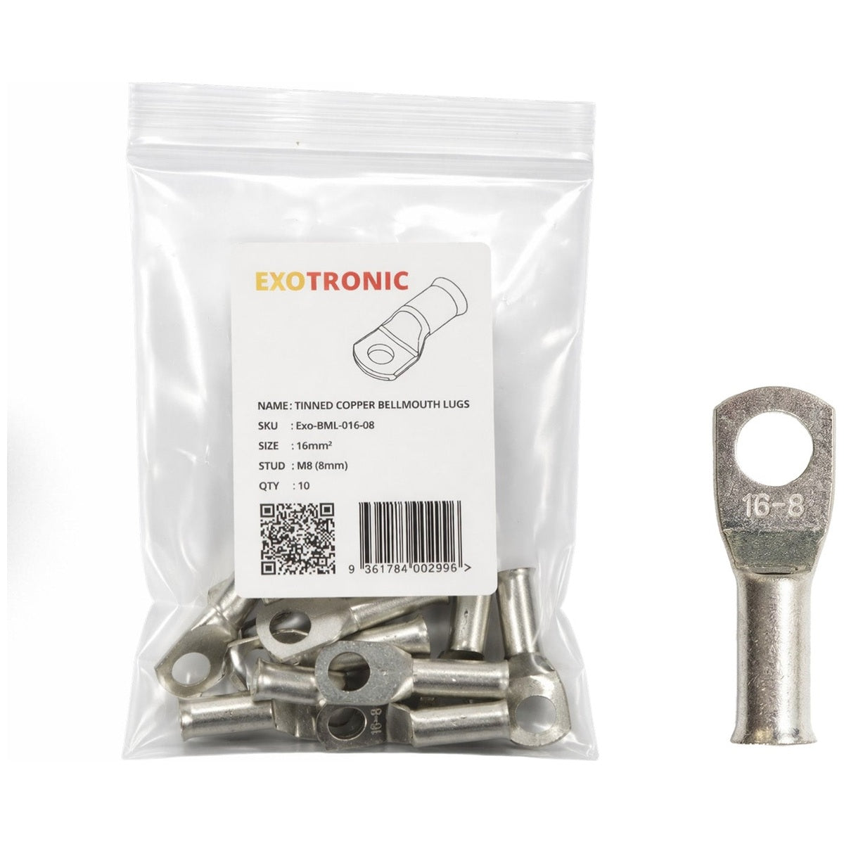 Exotronic - 10 Pack of 16mm² Copper Lug M8 | Bellmouth