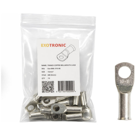 Exotronic - 10 Pack of 16mm² Copper Lug M8 | Bellmouth