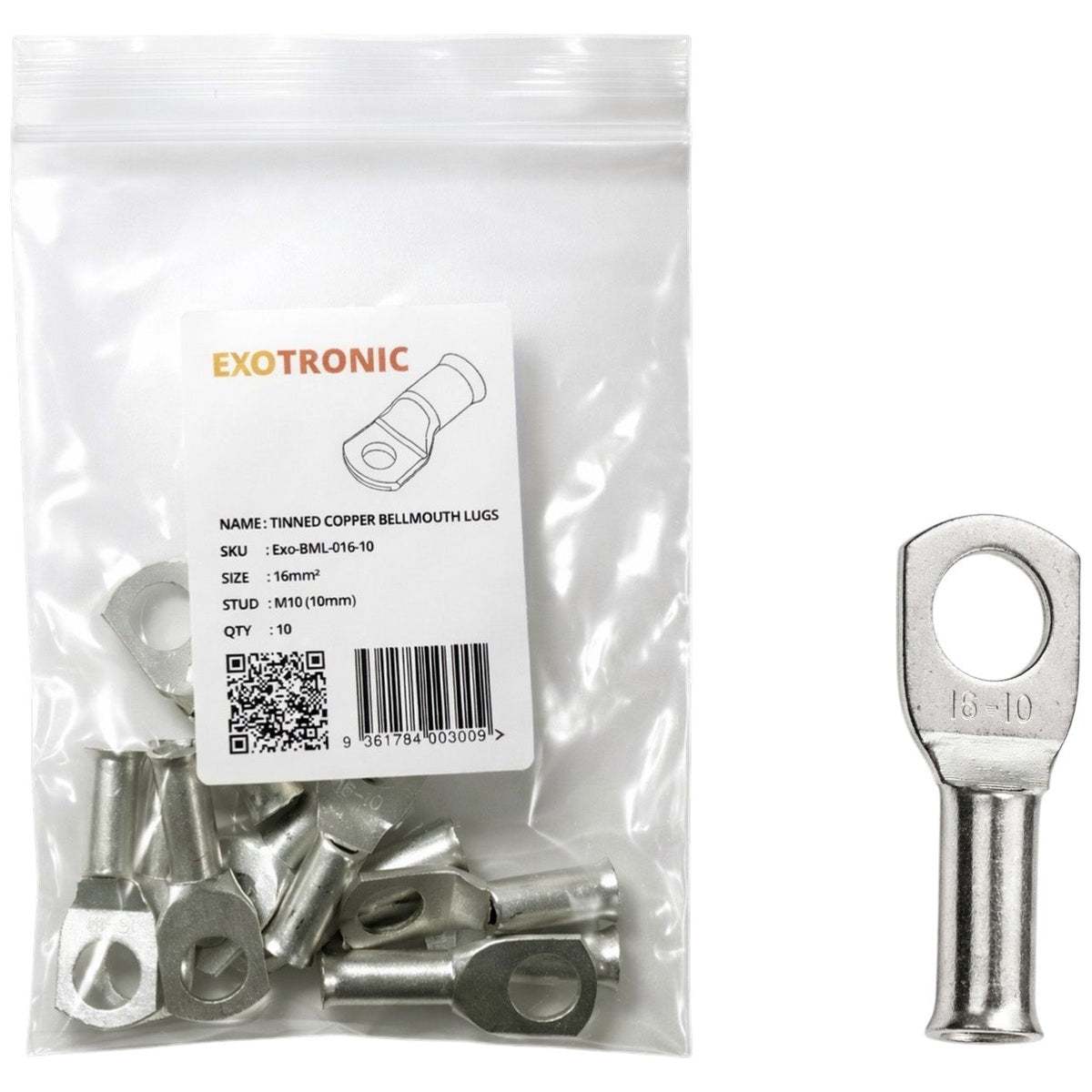 Exotronic - 10 Pack of 16mm² Copper Lug M10 | Bellmouth