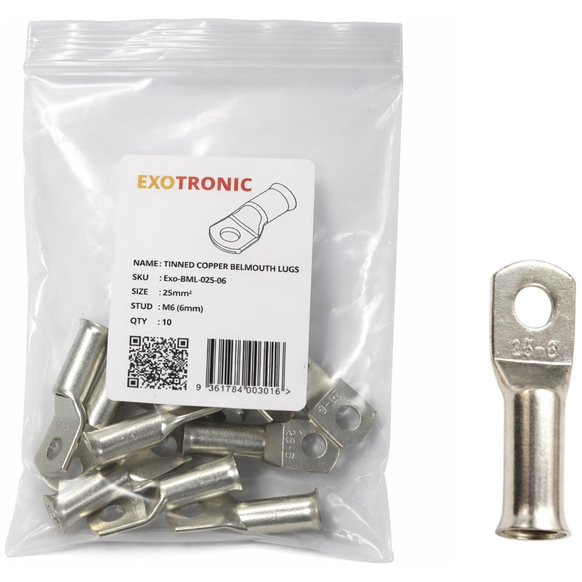Exotronic - 10 Pack of 25mm² Copper Lug M6 | Bellmouth