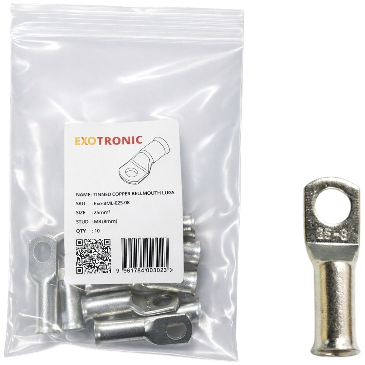 Exotronic - 10 Pack of 25mm² Copper Lug M8 | Bellmouth