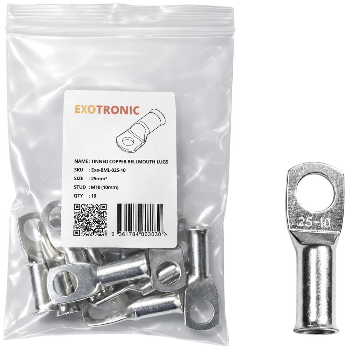 Exotronic - 10 Pack of 25mm² Copper Lug M10 | Bellmouth