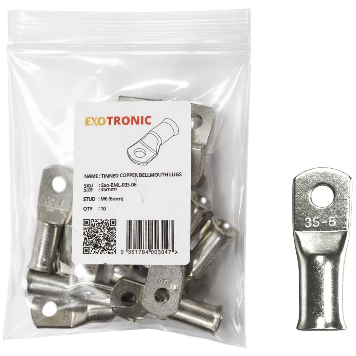Exotronic - 10 Pack of 35mm² Copper Lug M6 | Bellmouth
