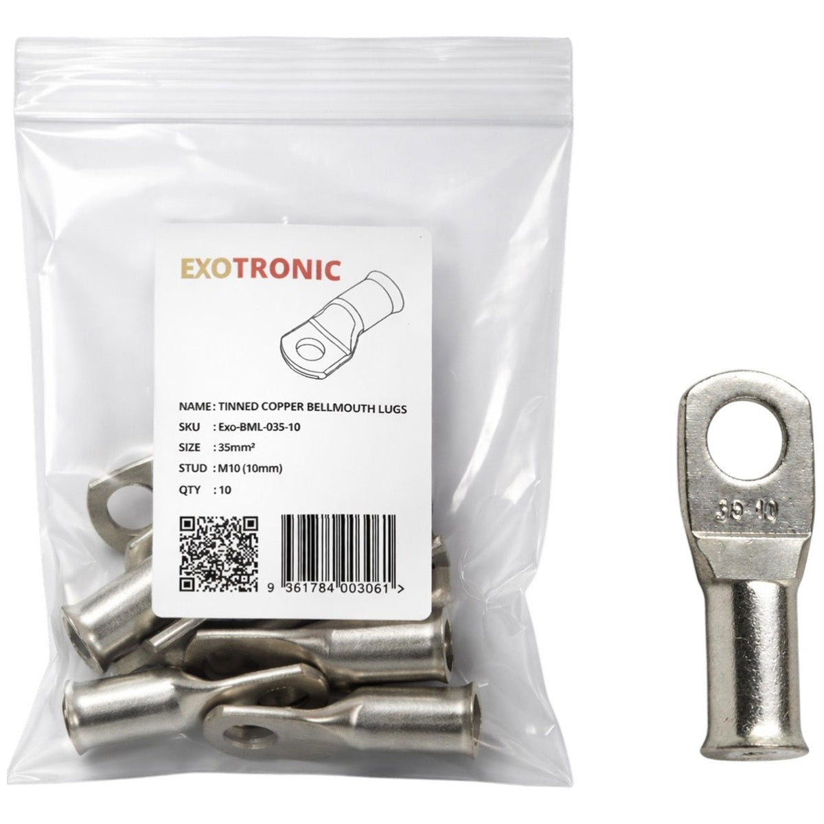 Exotronic - 10 Pack of 35mm² Copper Lug M10 | Bellmouth