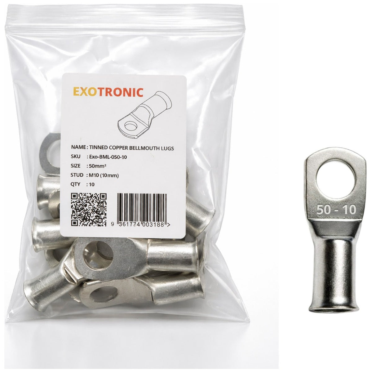 Exotronic - 10 Pack of 50mm² Copper Lug M10 | Bellmouth