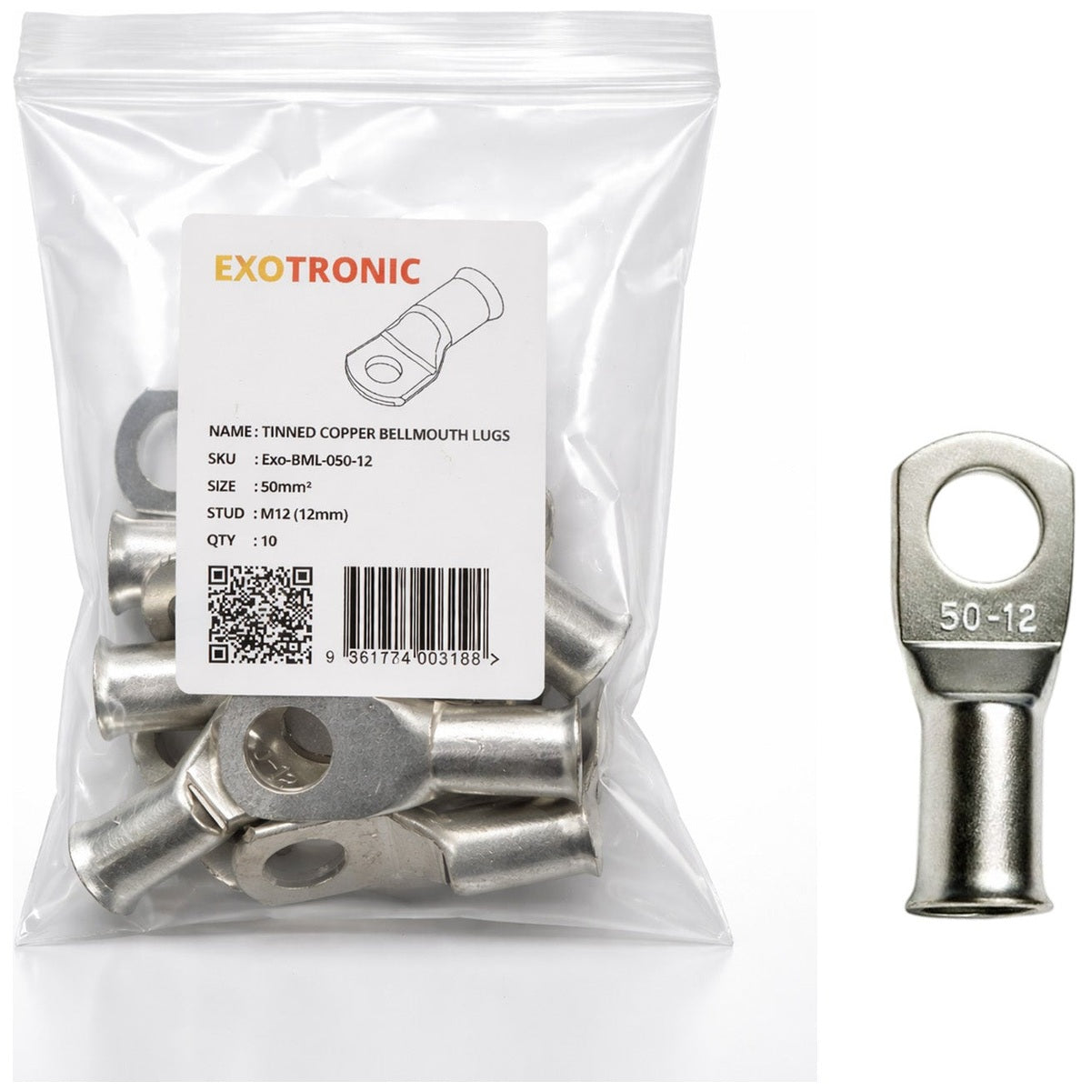 Exotronic - 10 Pack of 50mm² Copper Lug M12 | Bellmouth