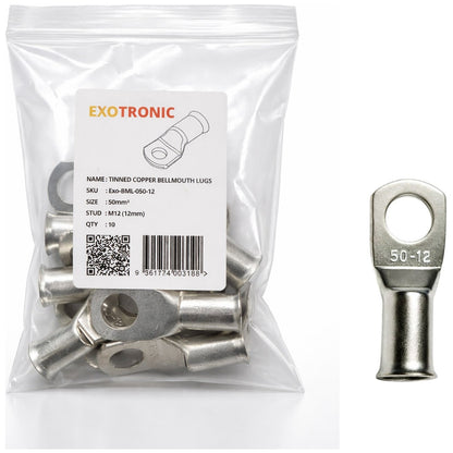 Exotronic - 10 Pack of 50mm² Copper Lug M12 | Bellmouth