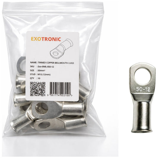 Exotronic - 10 Pack of 50mm² Copper Lug M12 | Bellmouth