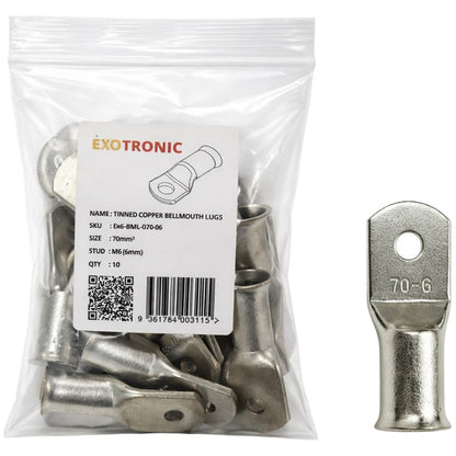 Exotronic - 10 Pack of 70mm² Copper Lug M6 | Bellmouth