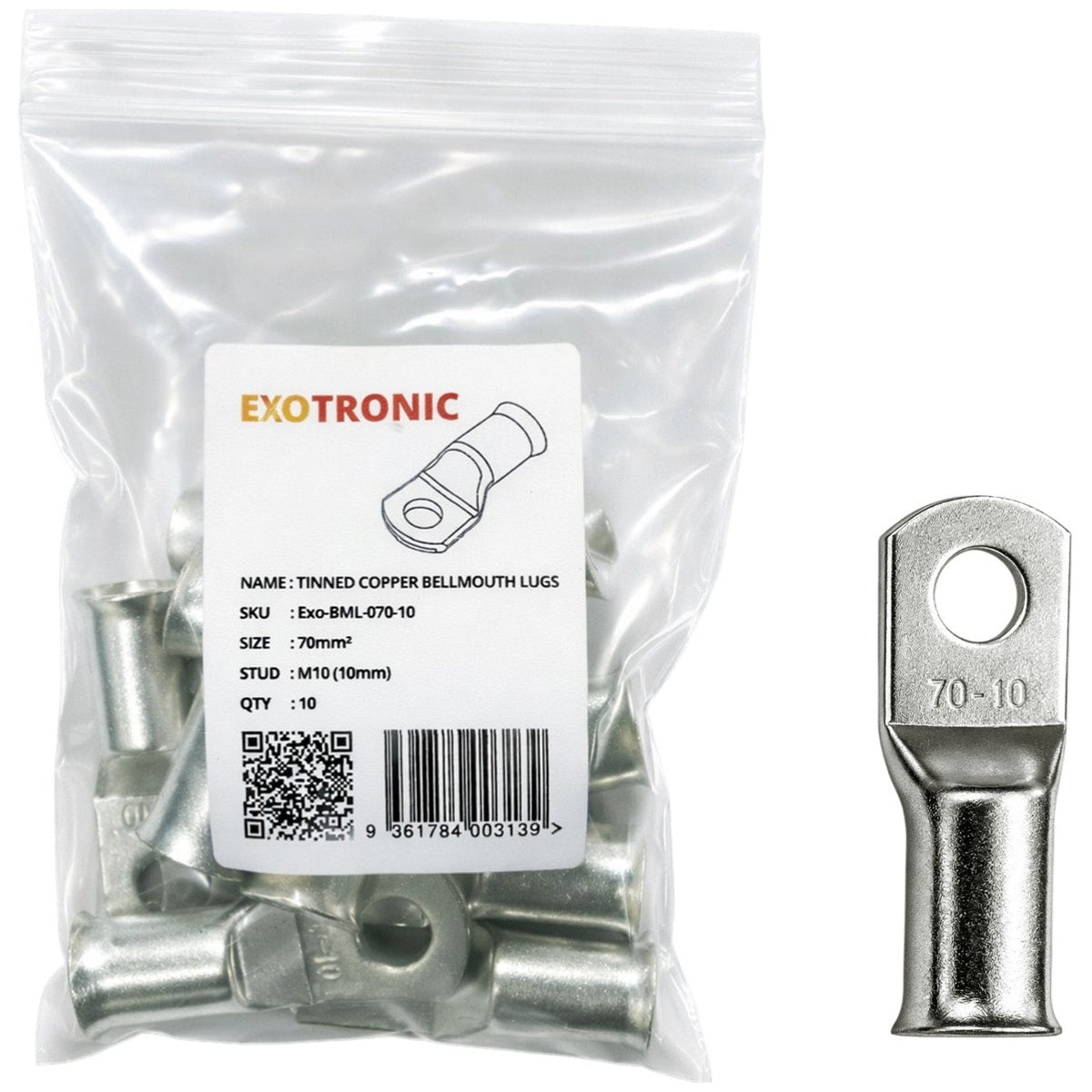 Exotronic - 10 Pack of 70mm² Copper Lug M10 | Bellmouth