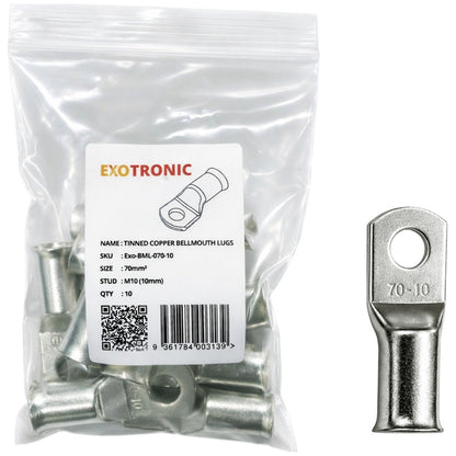 Exotronic - 10 Pack of 70mm² Copper Lug M10 | Bellmouth