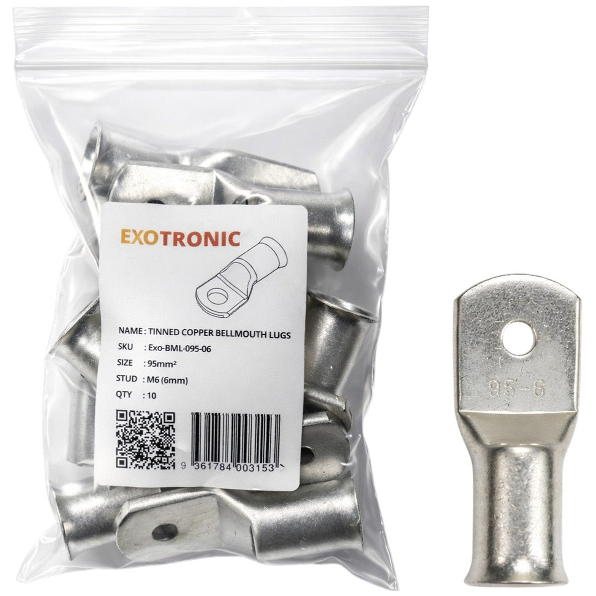 Exotronic - 10 Pack of 95mm² Copper Lug M6 | Bellmouth