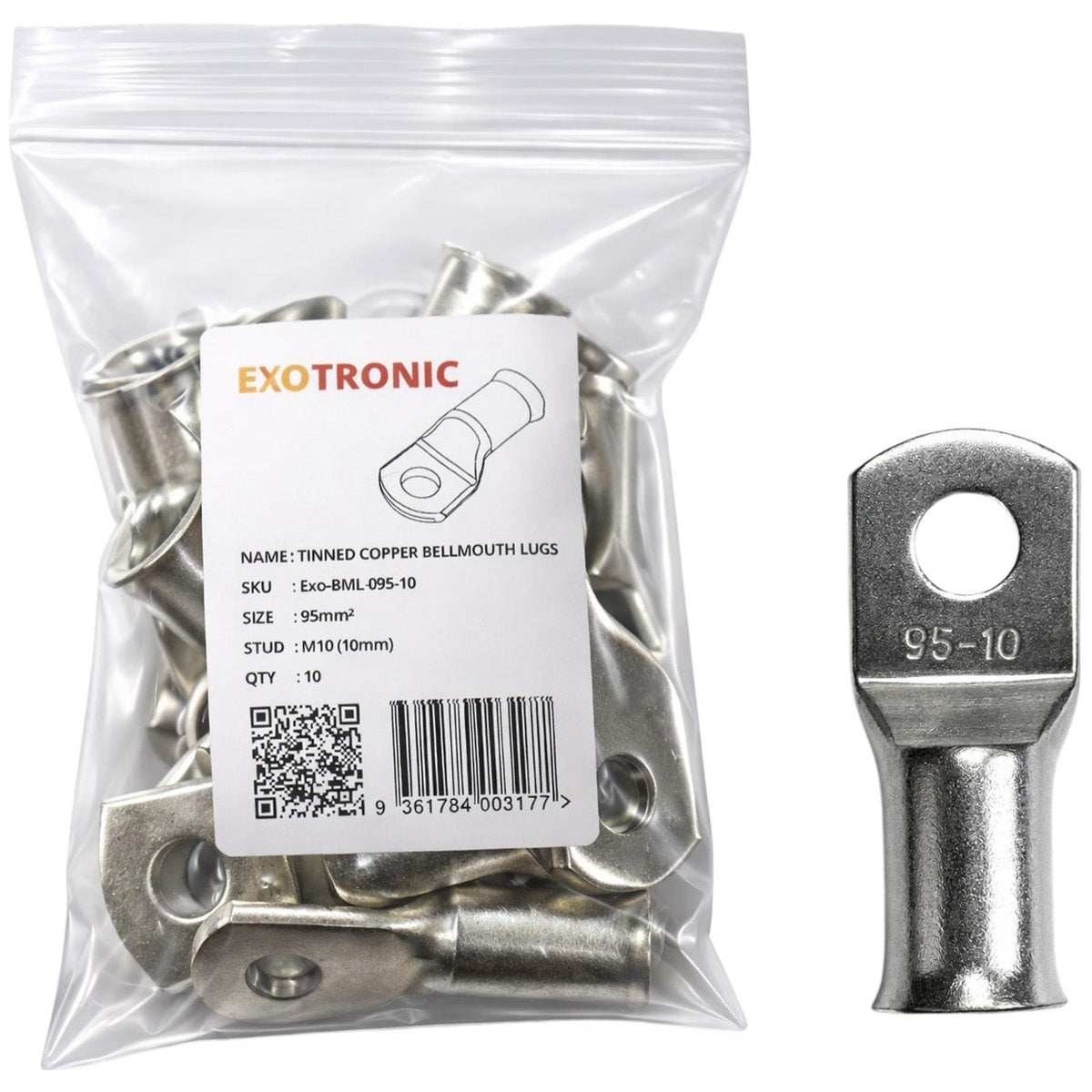 Exotronic - 10 Pack of 95mm² Copper Lug M10 | Bellmouth