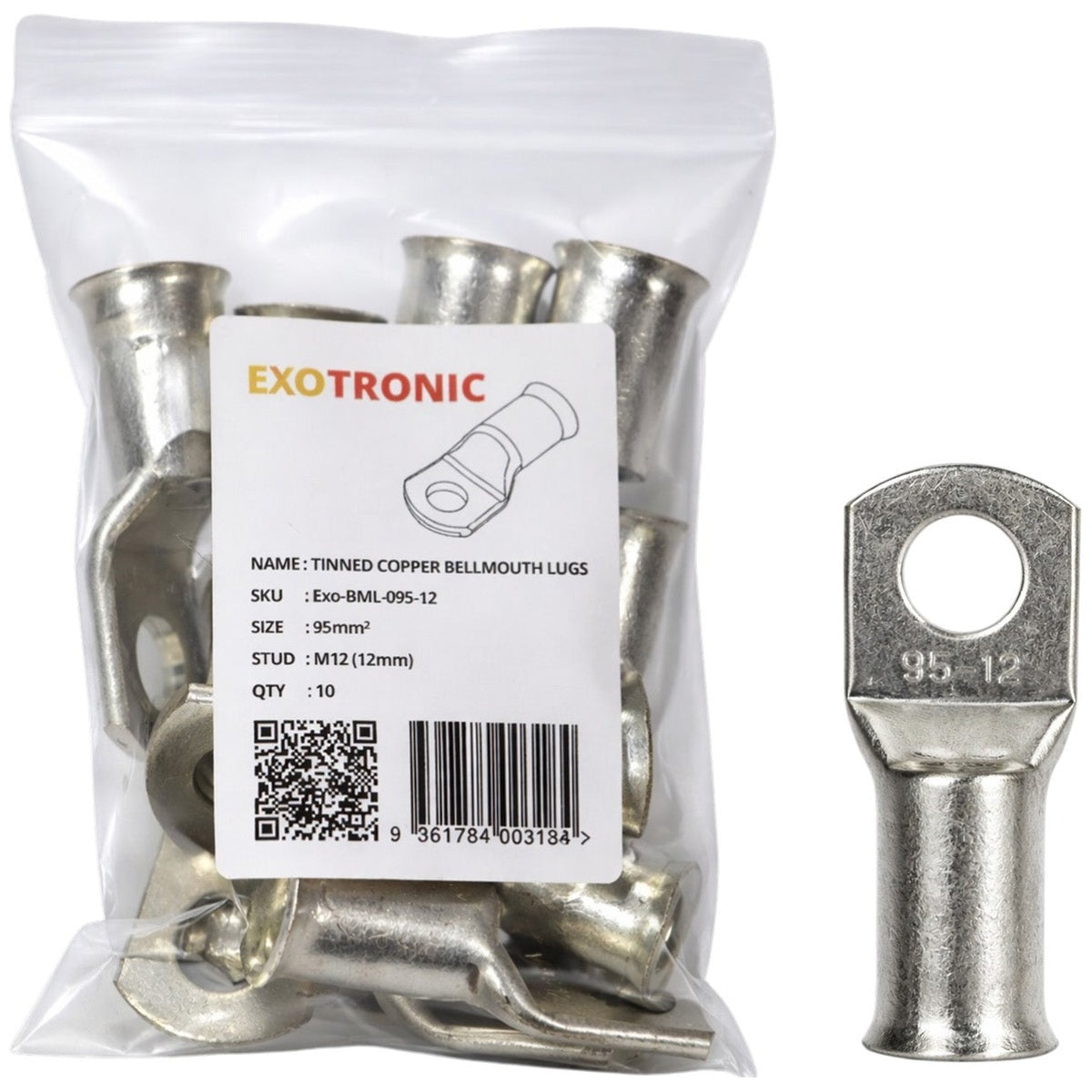 Exotronic - 10 Pack of 95mm² Copper Lug M12 | Bellmouth