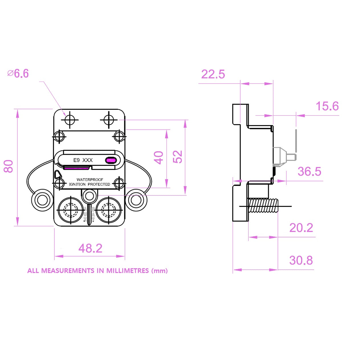 Exotronic - 40A - Surface Mount Waterproof DC Circuit Breaker - Side by Side