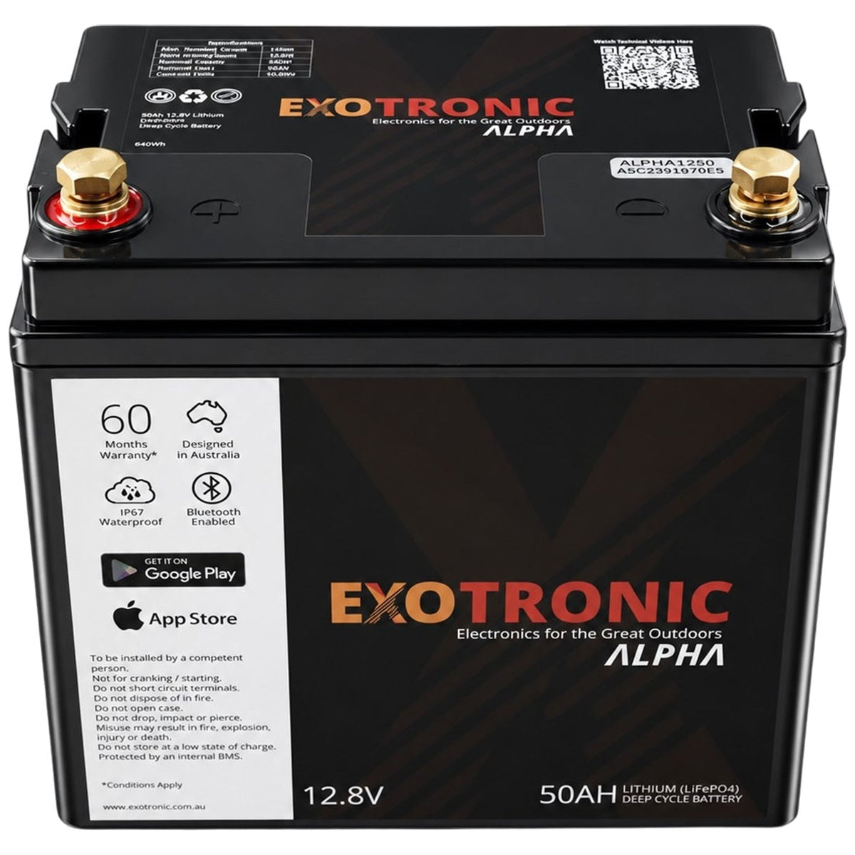 Exotronic - 12V - 50AH - Alpha IP67 Smart Bluetooth Lithium Battery